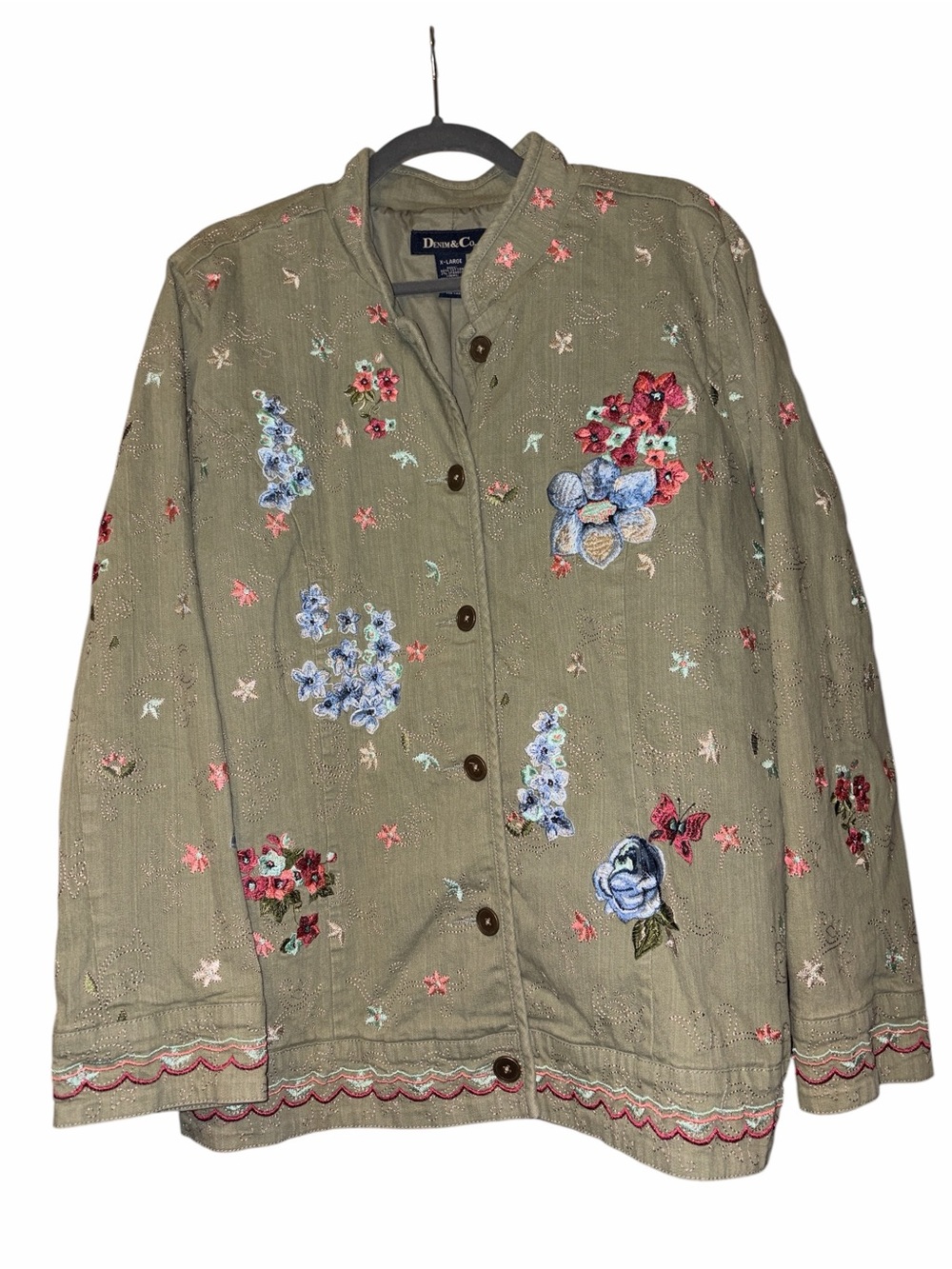 Denim & Co Sage Green Floral Embroidered Jacket XL